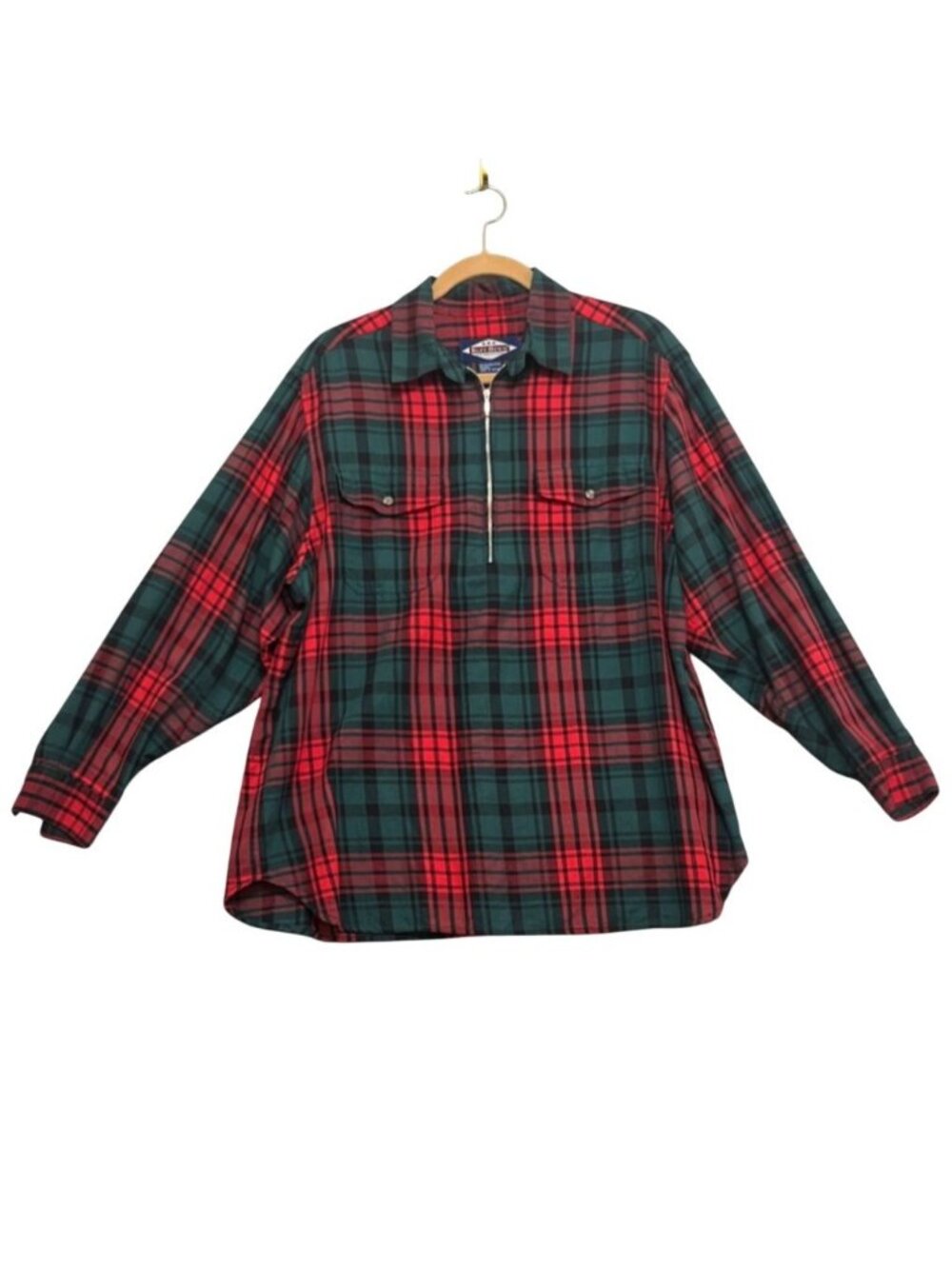 Ruff Hewn Mens Large Plaid Shirt Jacket Red Green Tartan Zip Front 100% Cotton